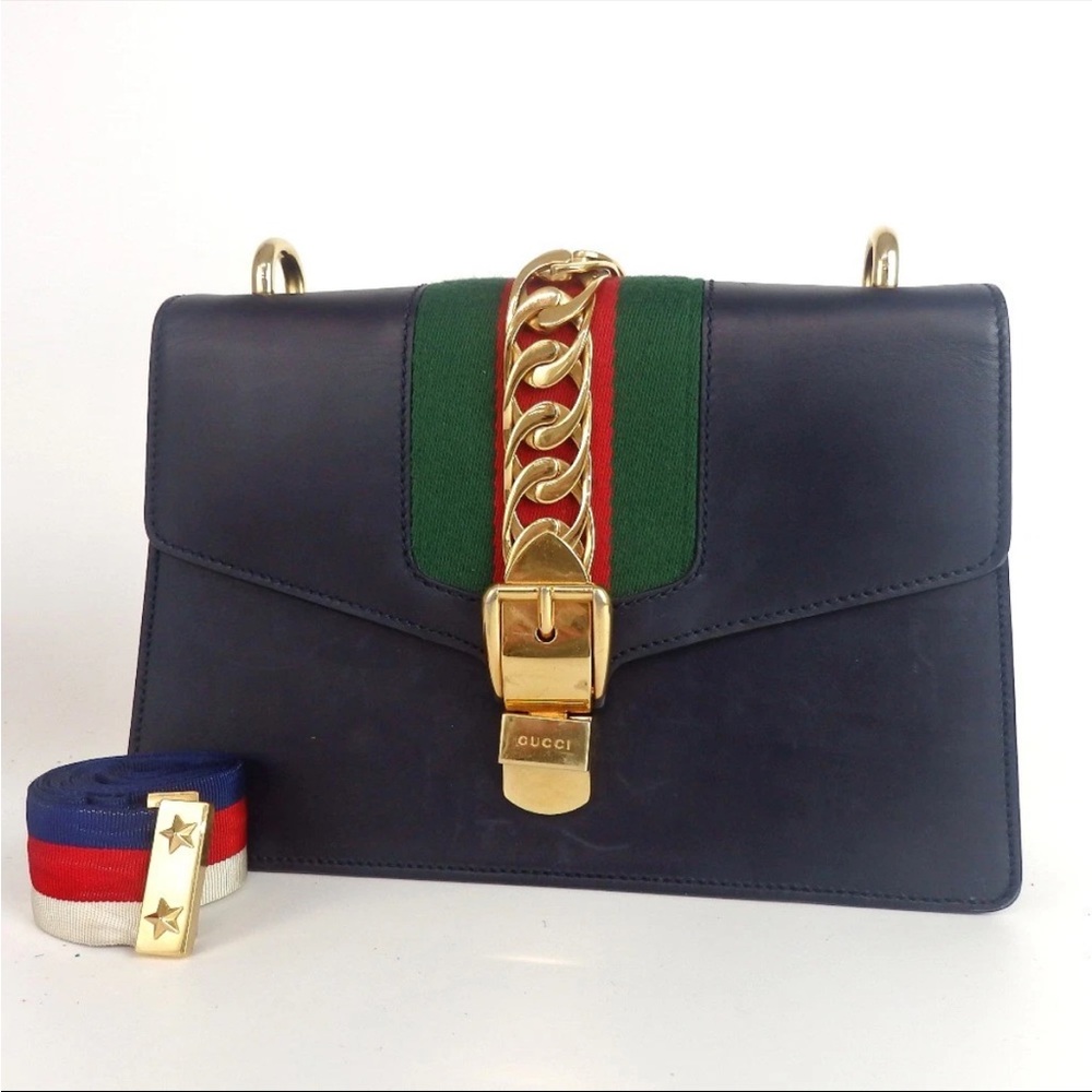 Gucci blueGreen Leather Shoulder Bag Gold Accents sherry line ribbon authentic